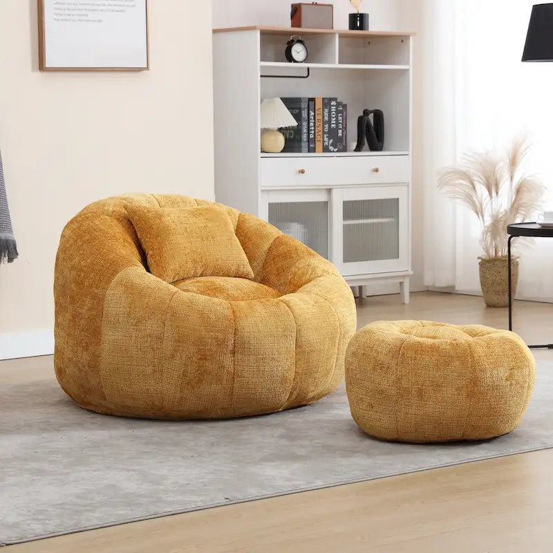 HOMEFUN Chenille Upholstered Round Lazy Cozy Bean Bag Chair with Ottoman and a Pillow