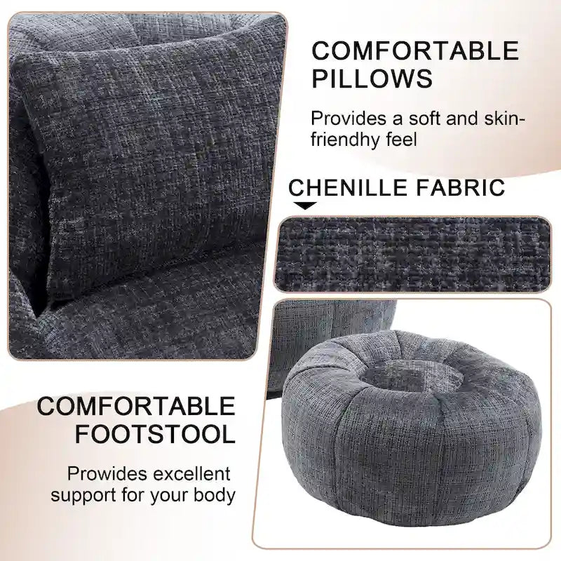 HOMEFUN Chenille Upholstered Round Lazy Cozy Bean Bag Chair with Ottoman and a Pillow