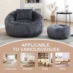 HOMEFUN Chenille Upholstered Round Lazy Cozy Bean Bag Chair with Ottoman and a Pillow