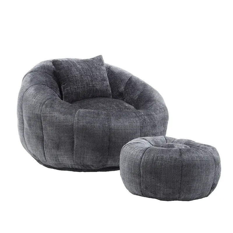 HOMEFUN Chenille Upholstered Round Lazy Cozy Bean Bag Chair with Ottoman and a Pillow