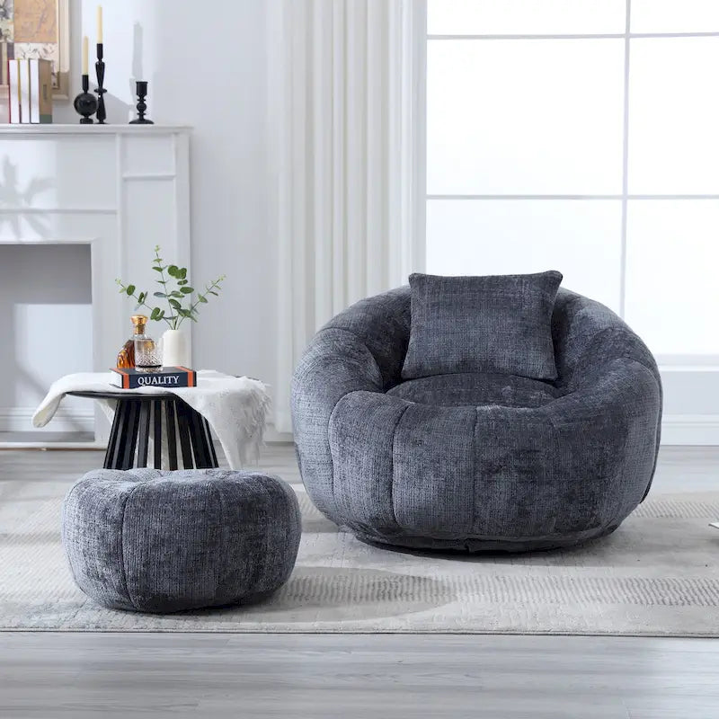 HOMEFUN Chenille Upholstered Round Lazy Cozy Bean Bag Chair with Ottoman and a Pillow