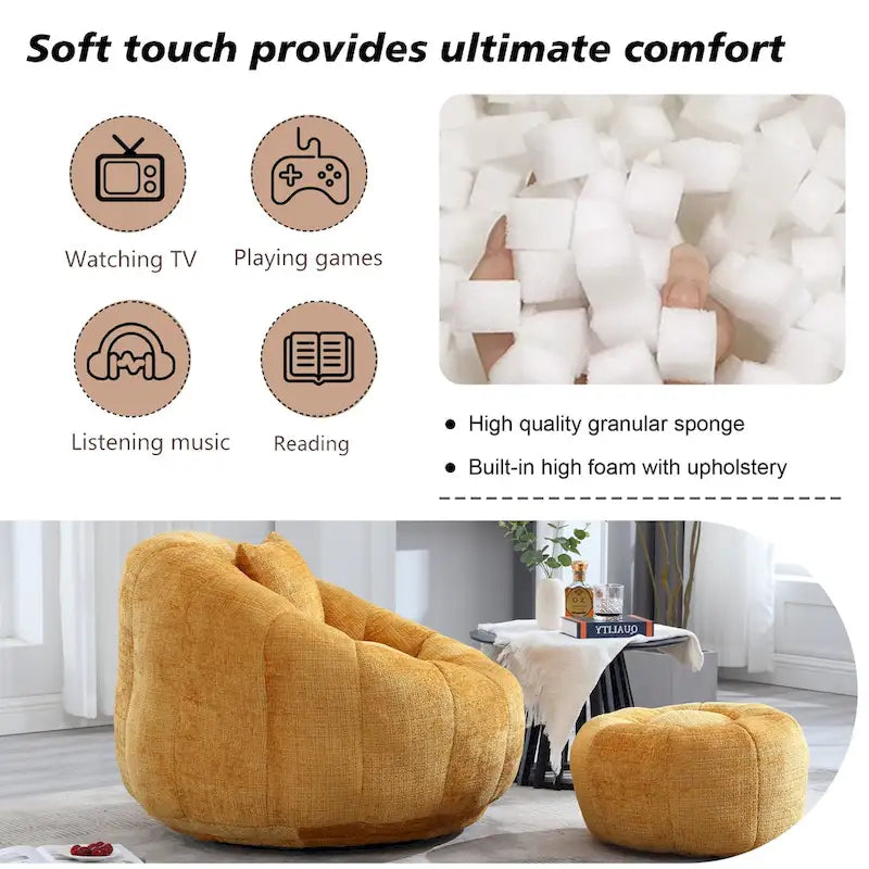 HOMEFUN Chenille Upholstered Round Lazy Cozy Bean Bag Chair with Ottoman and a Pillow