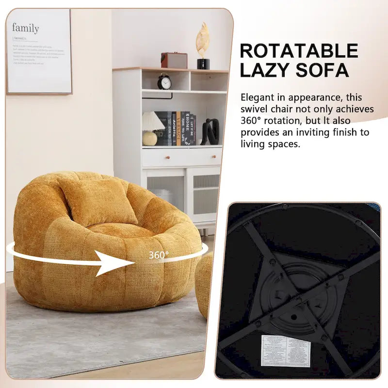 HOMEFUN Chenille Upholstered Round Lazy Cozy Bean Bag Chair with Ottoman and a Pillow
