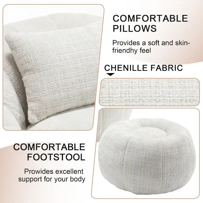 HOMEFUN Chenille Upholstered Round Lazy Cozy Bean Bag Chair with Ottoman and a Pillow