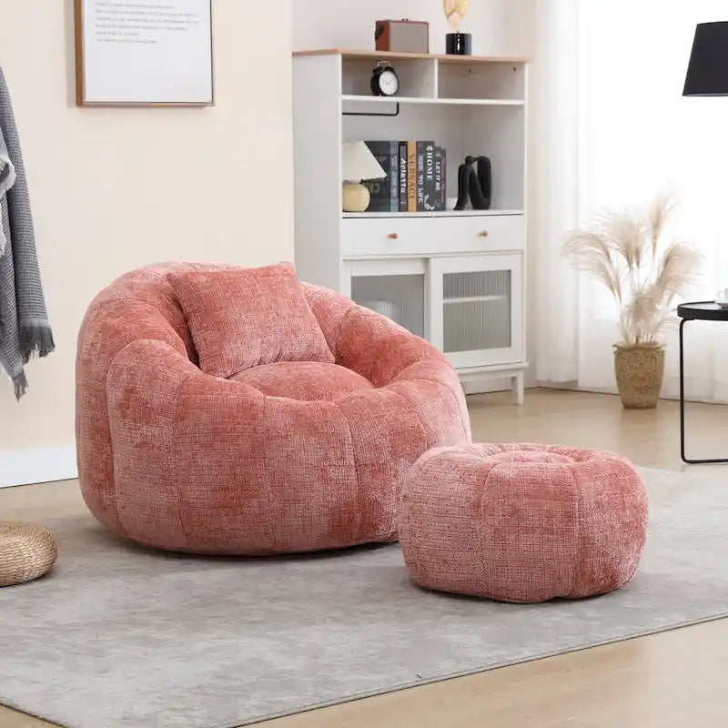 HOMEFUN Chenille Upholstered Round Lazy Cozy Bean Bag Chair with Ottoman and a Pillow