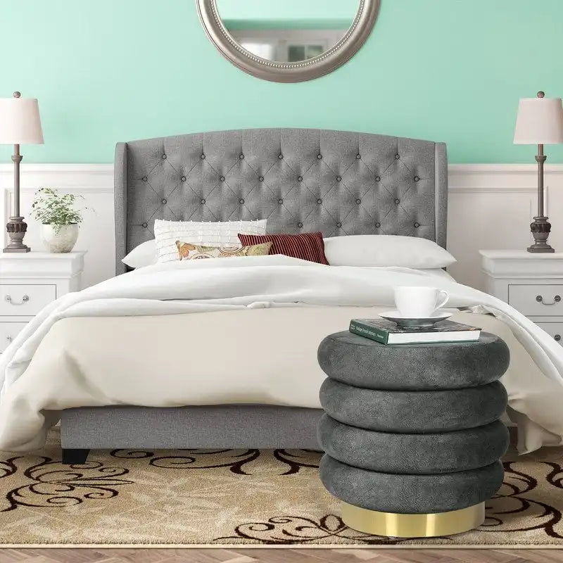 Adeco Round Velvet Ottoman Upholstered Foot Stool