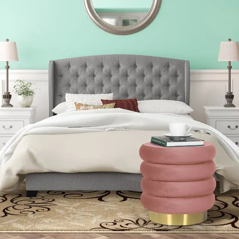 Adeco Round Velvet Ottoman Upholstered Foot Stool