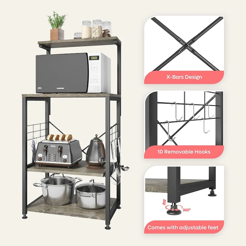 Kitchen Bakers Rack with Storage Shelves &USB Outlets, Microwave Oven Stand Kitchen Shelf Organizer