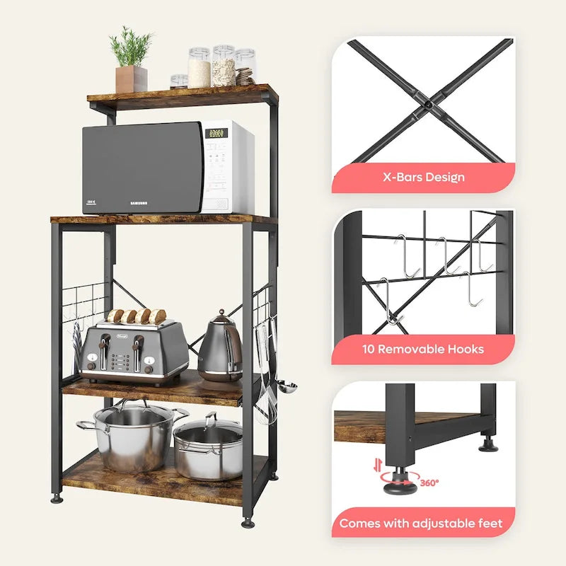 Kitchen Bakers Rack with Storage Shelves &USB Outlets, Microwave Oven Stand Kitchen Shelf Organizer