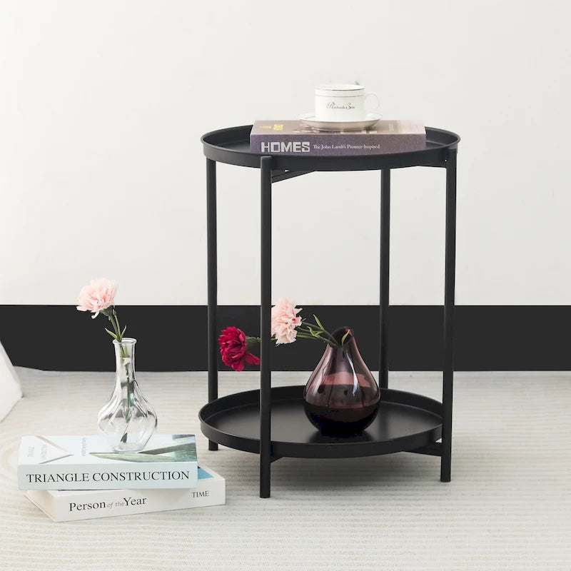 Adeco Side Table 2-Tier Metal Round End Table with Removable Tray - 17.5(D)x 17.5(W)x 20.7(H)