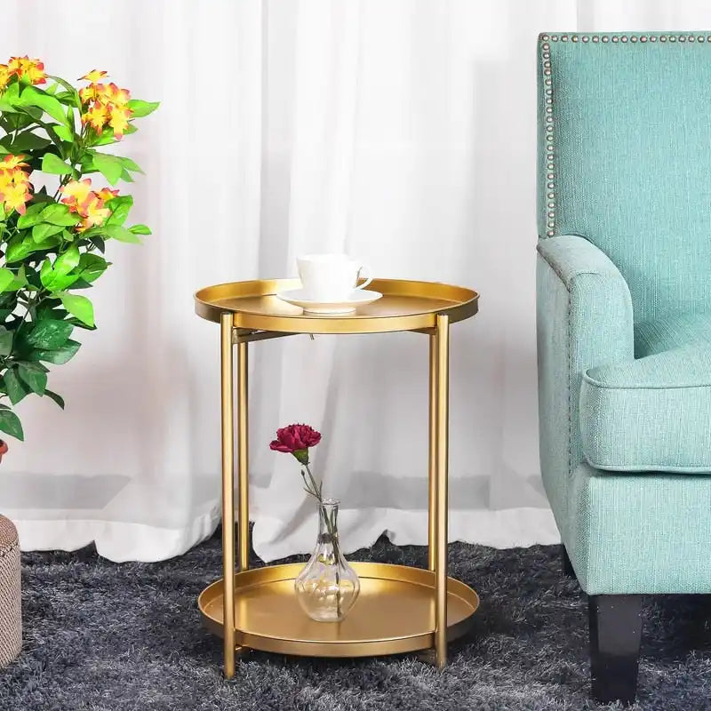 Adeco Side Table 2-Tier Metal Round End Table with Removable Tray - 17.5(D)x 17.5(W)x 20.7(H)