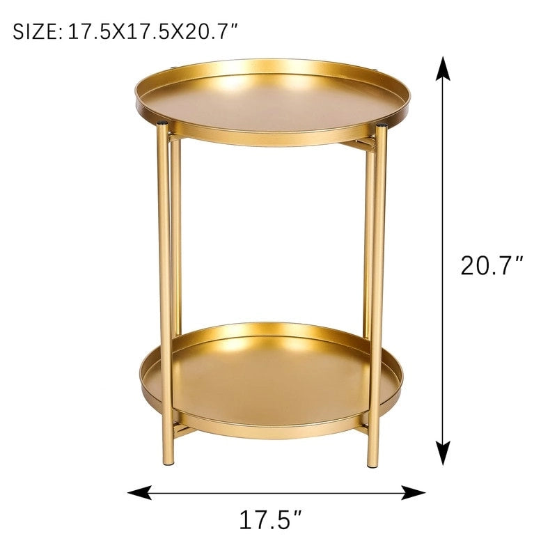 Adeco Side Table 2-Tier Metal Round End Table with Removable Tray - 17.5(D)x 17.5(W)x 20.7(H)