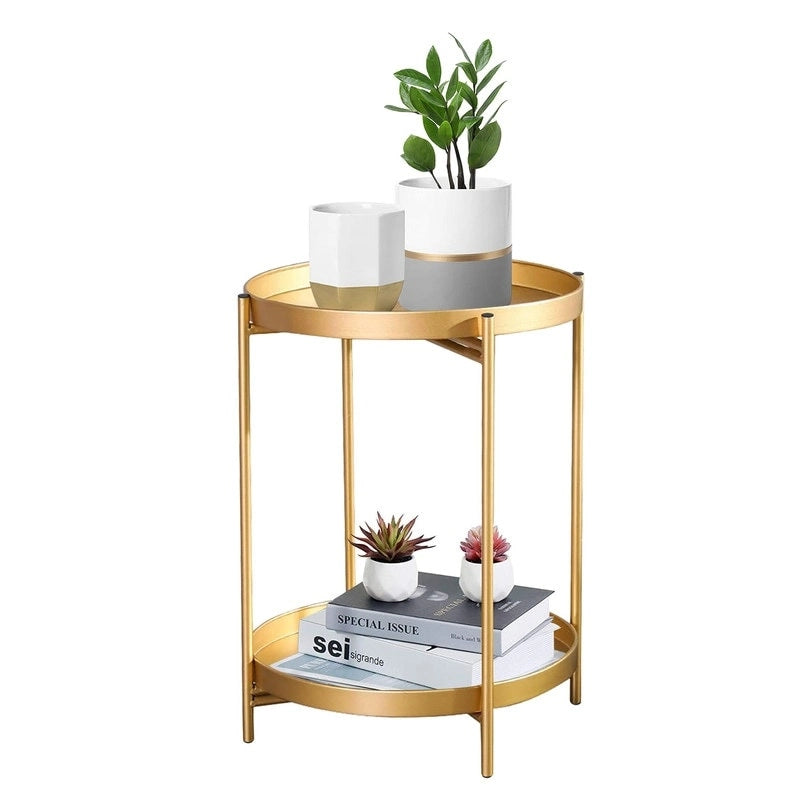 Adeco Side Table 2-Tier Metal Round End Table with Removable Tray - 17.5(D)x 17.5(W)x 20.7(H)