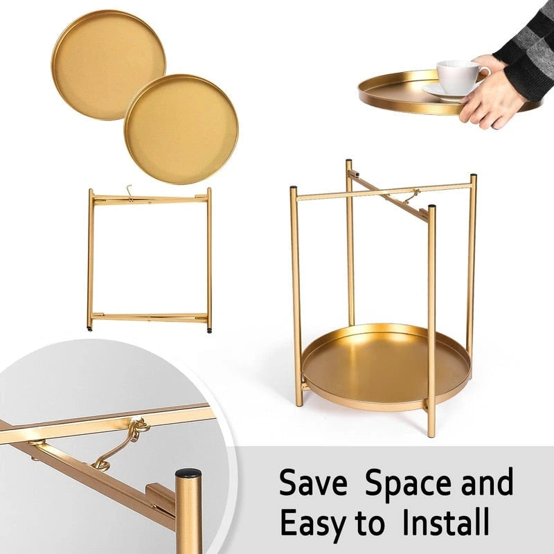 Adeco Side Table 2-Tier Metal Round End Table with Removable Tray - 17.5(D)x 17.5(W)x 20.7(H)