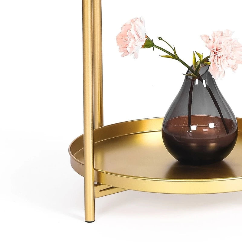 Adeco Side Table 2-Tier Metal Round End Table with Removable Tray - 17.5(D)x 17.5(W)x 20.7(H)