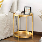 Adeco Side Table 2-Tier Metal Round End Table with Removable Tray - 17.5(D)x 17.5(W)x 20.7(H)