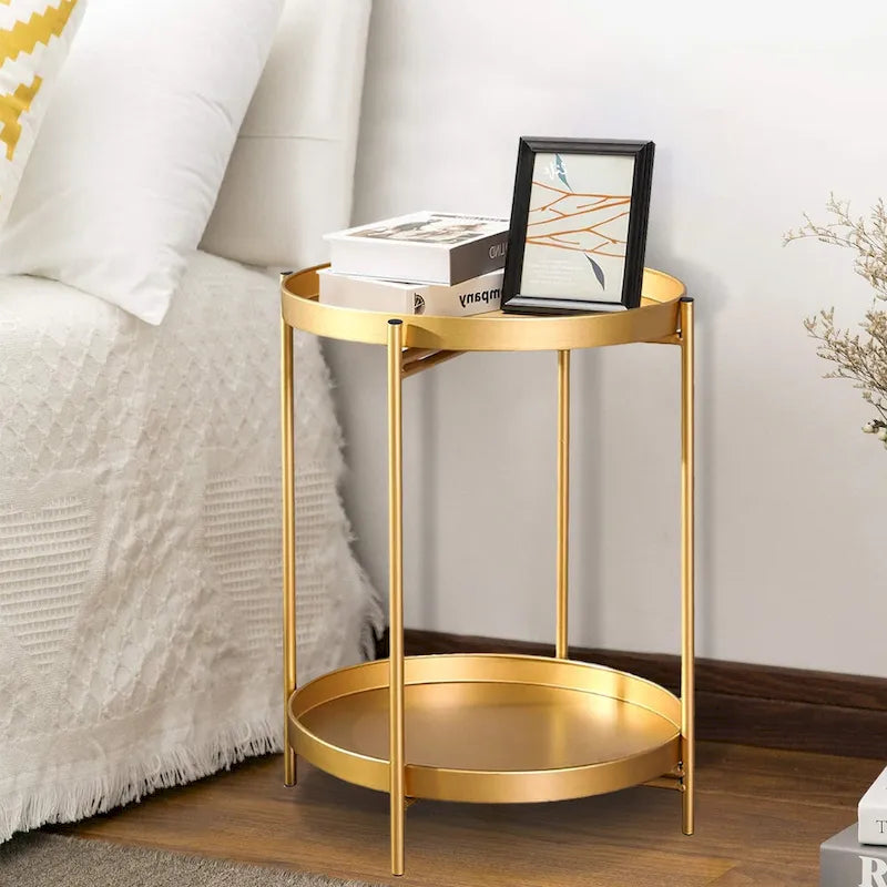 Adeco Side Table 2-Tier Metal Round End Table with Removable Tray - 17.5(D)x 17.5(W)x 20.7(H)