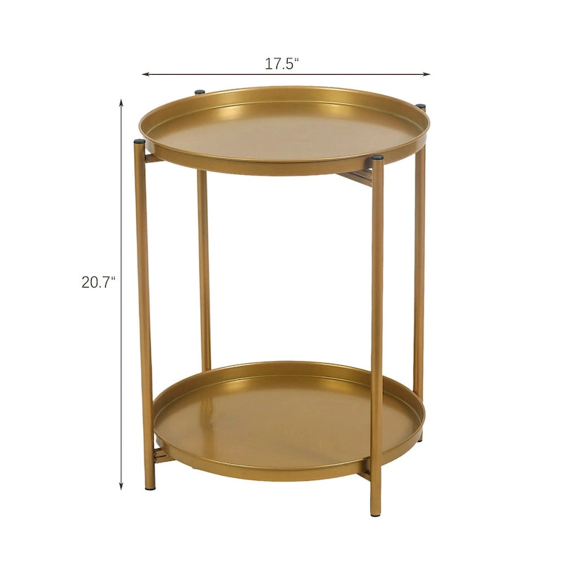Adeco Side Table 2-Tier Metal Round End Table with Removable Tray - 17.5(D)x 17.5(W)x 20.7(H)