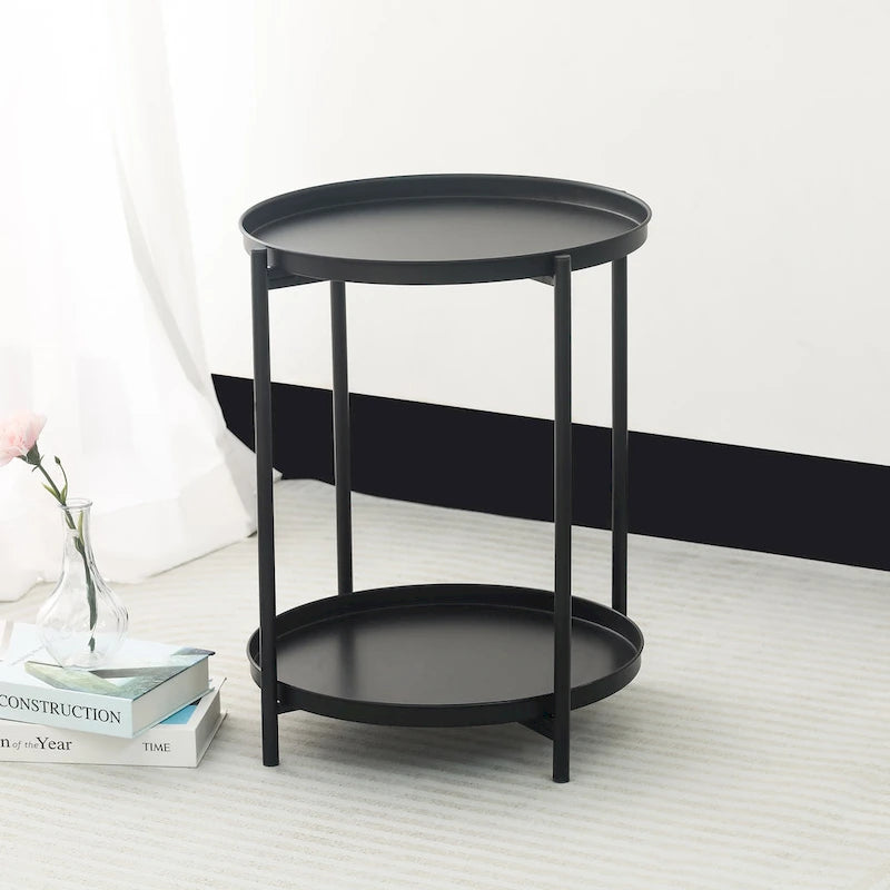 Adeco Side Table 2-Tier Metal Round End Table with Removable Tray - 17.5(D)x 17.5(W)x 20.7(H)