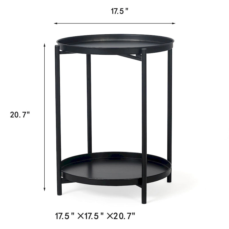 Adeco Side Table 2-Tier Metal Round End Table with Removable Tray - 17.5(D)x 17.5(W)x 20.7(H)