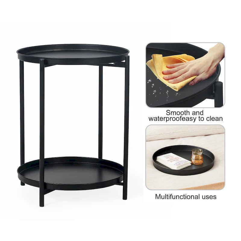 Adeco Side Table 2-Tier Metal Round End Table with Removable Tray - 17.5(D)x 17.5(W)x 20.7(H)