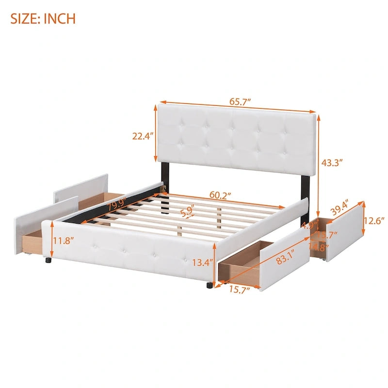 Platform Bed with Classic Headboard and 4 Drawers