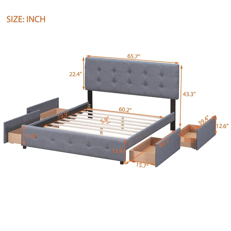 Platform Bed with Classic Headboard and 4 Drawers