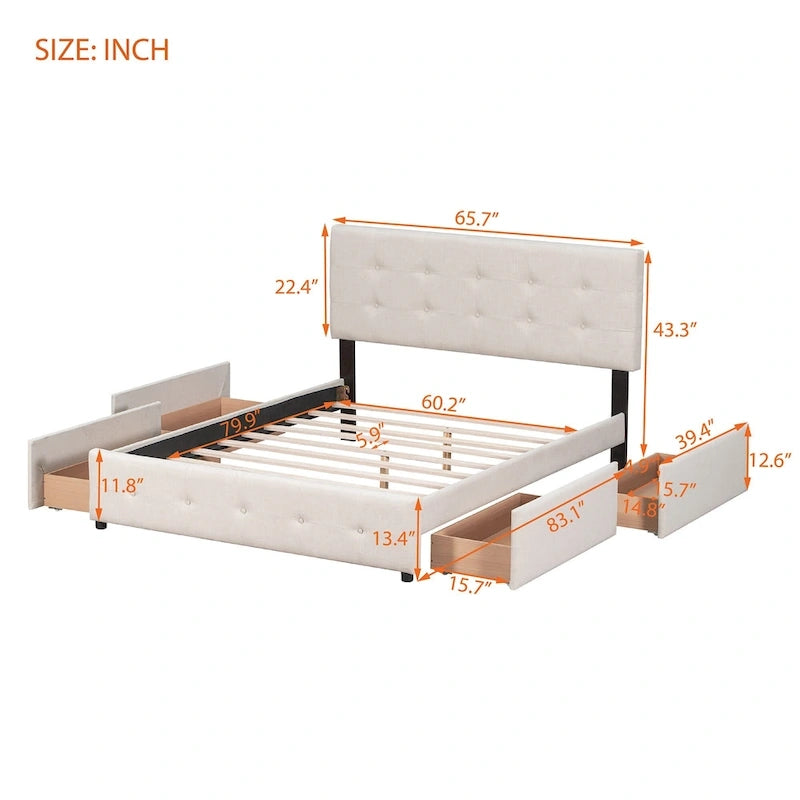 Platform Bed with Classic Headboard and 4 Drawers