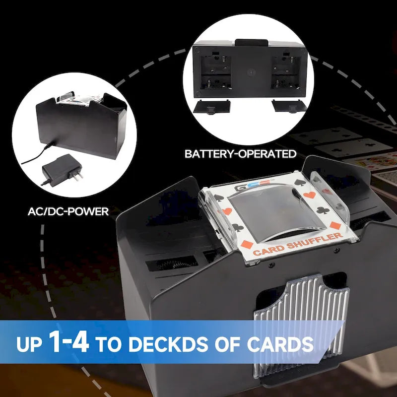GSE 4-Deck Casino Automatic Card Shuffler, AC/DC-Power/Battery-Operated Electric Shuffler Machine for Card Games - Black