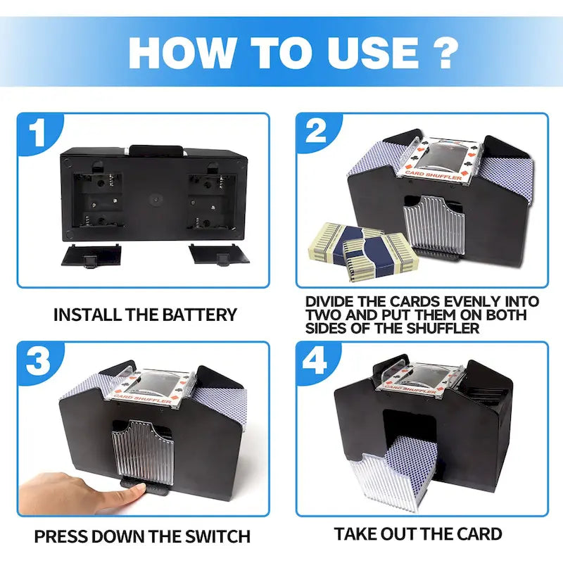 GSE 4-Deck Casino Automatic Card Shuffler, AC/DC-Power/Battery-Operated Electric Shuffler Machine for Card Games - Black