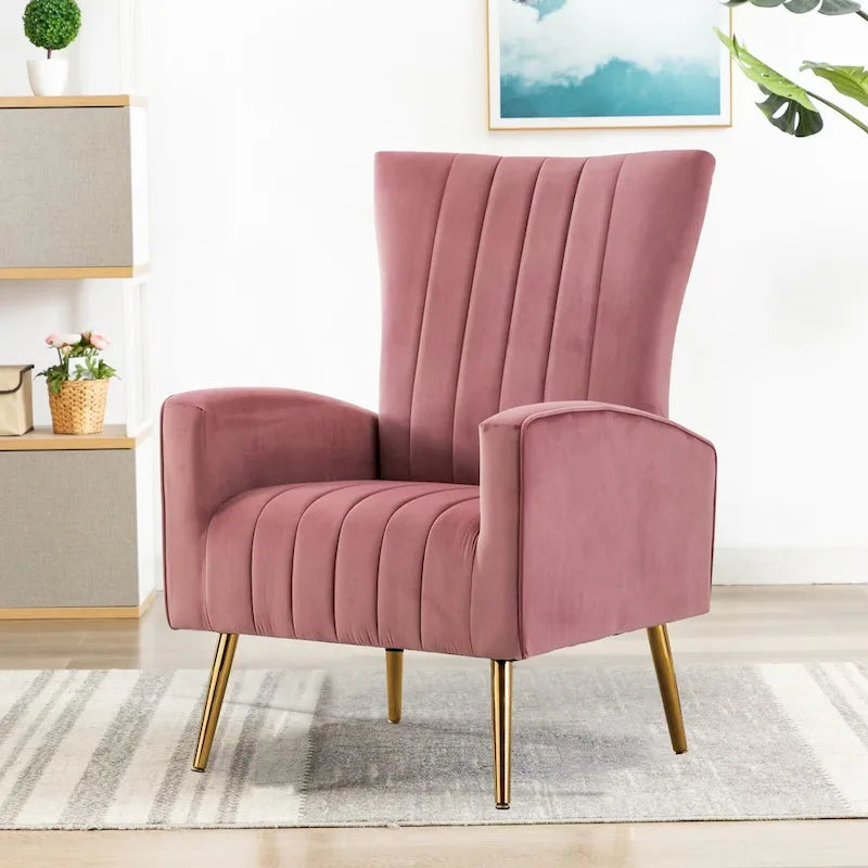 Velvet Comfy Accent Chair Cozy Arm Chair with Wingback and Gold Metal Legs