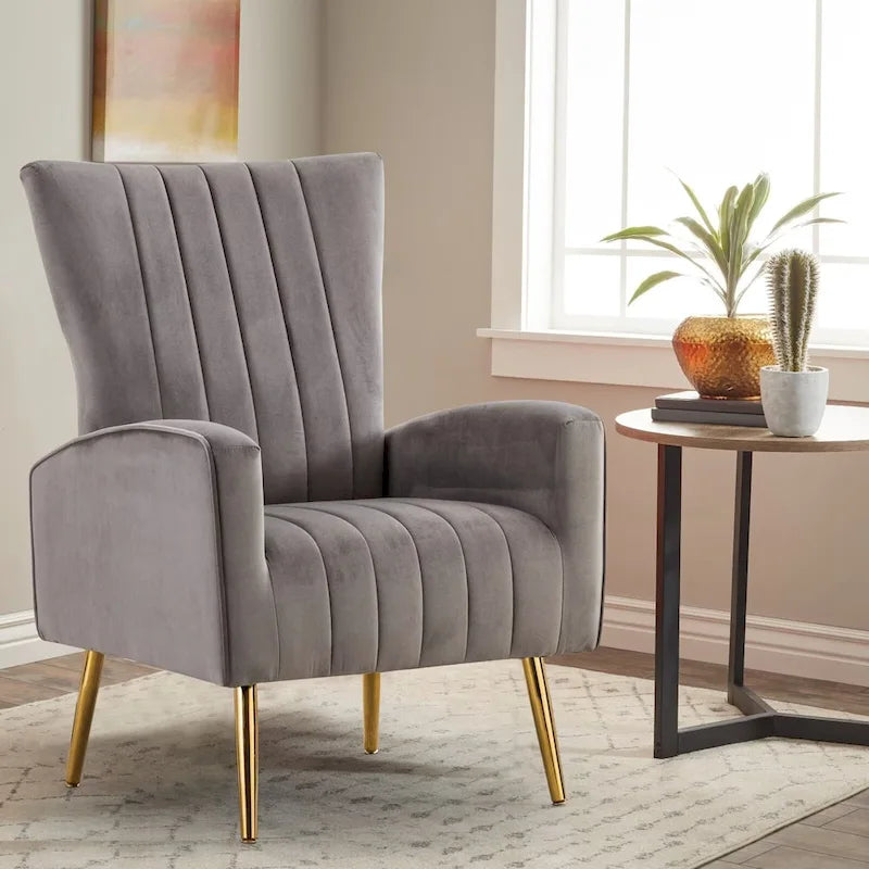 Velvet Comfy Accent Chair Cozy Arm Chair with Wingback and Gold Metal Legs