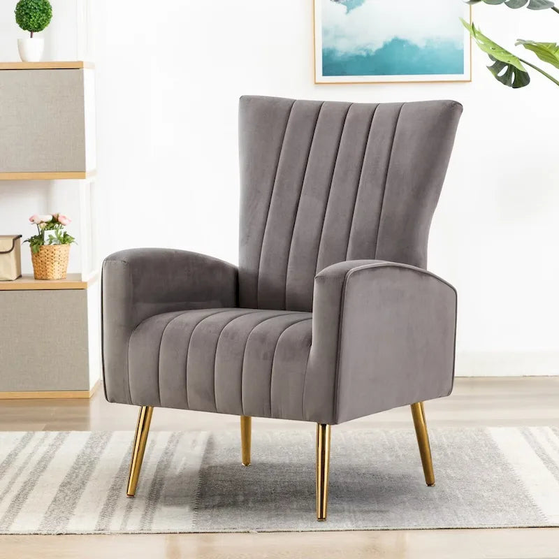 Velvet Comfy Accent Chair Cozy Arm Chair with Wingback and Gold Metal Legs