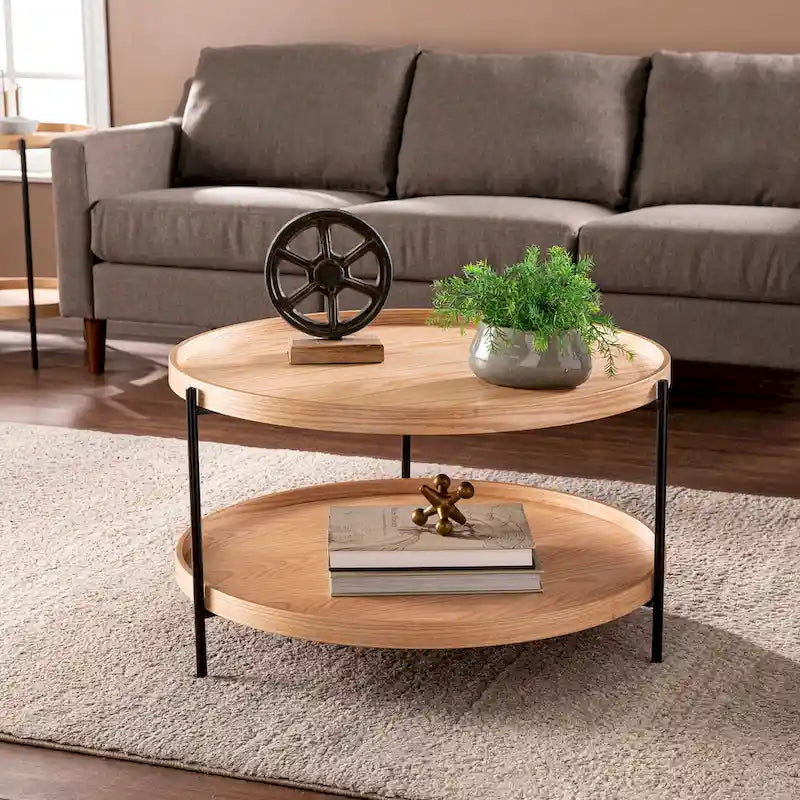 SEI Furniture Vaquero Mid Century Modern Round Wood Grain Two Tier Coffee Table