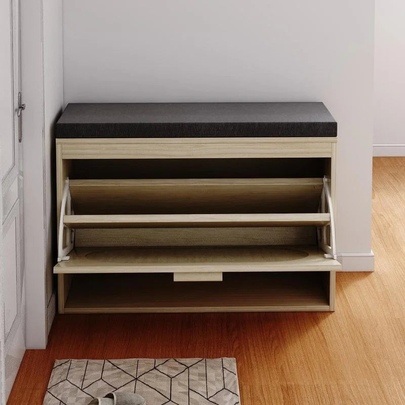 Rattan Shoe Rack Hallway Shoes Srorage Bench with Flip-Drawer and Seat Cushion