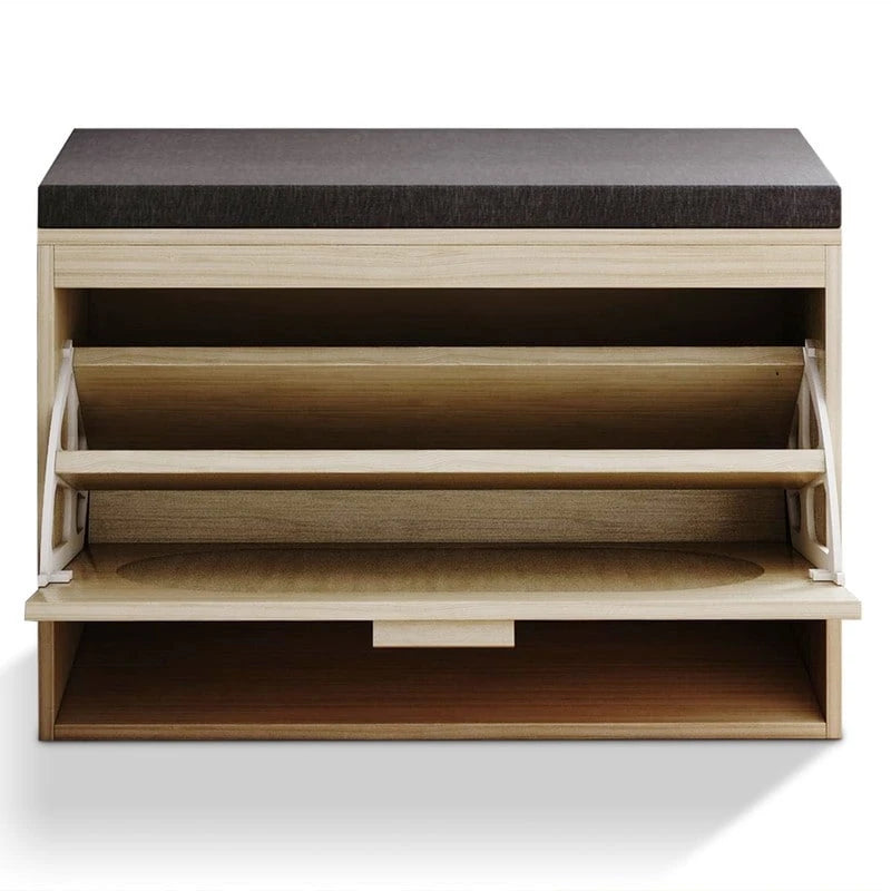 Rattan Shoe Rack Hallway Shoes Srorage Bench with Flip-Drawer and Seat Cushion