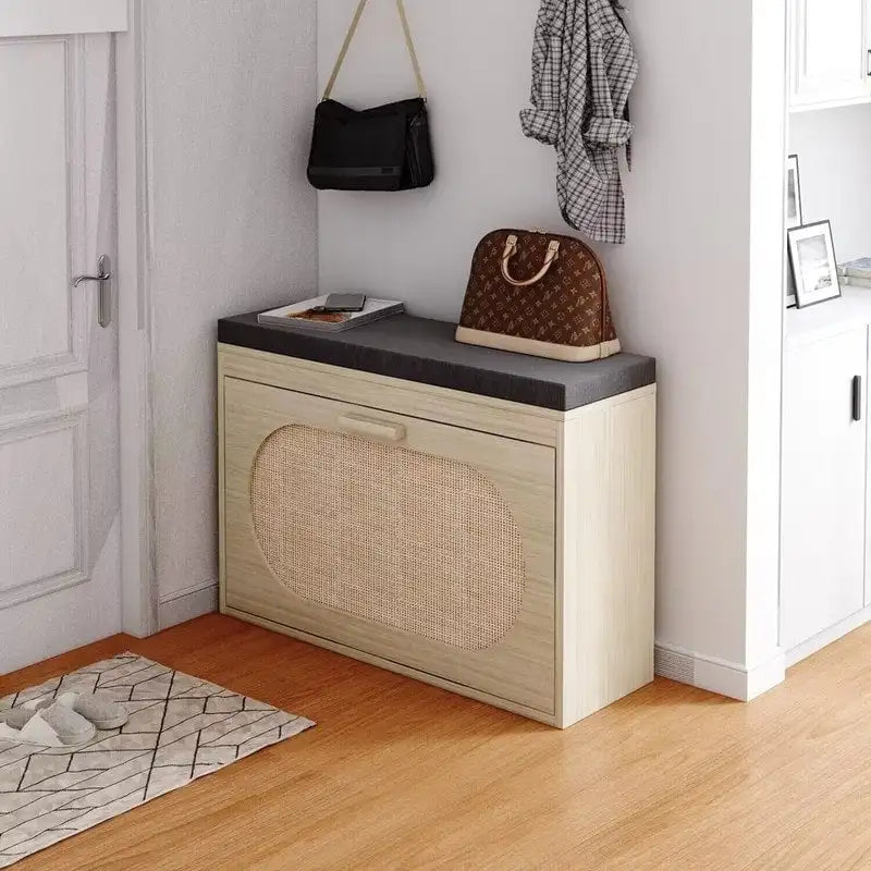 Rattan Shoe Rack Hallway Shoes Srorage Bench with Flip-Drawer and Seat Cushion