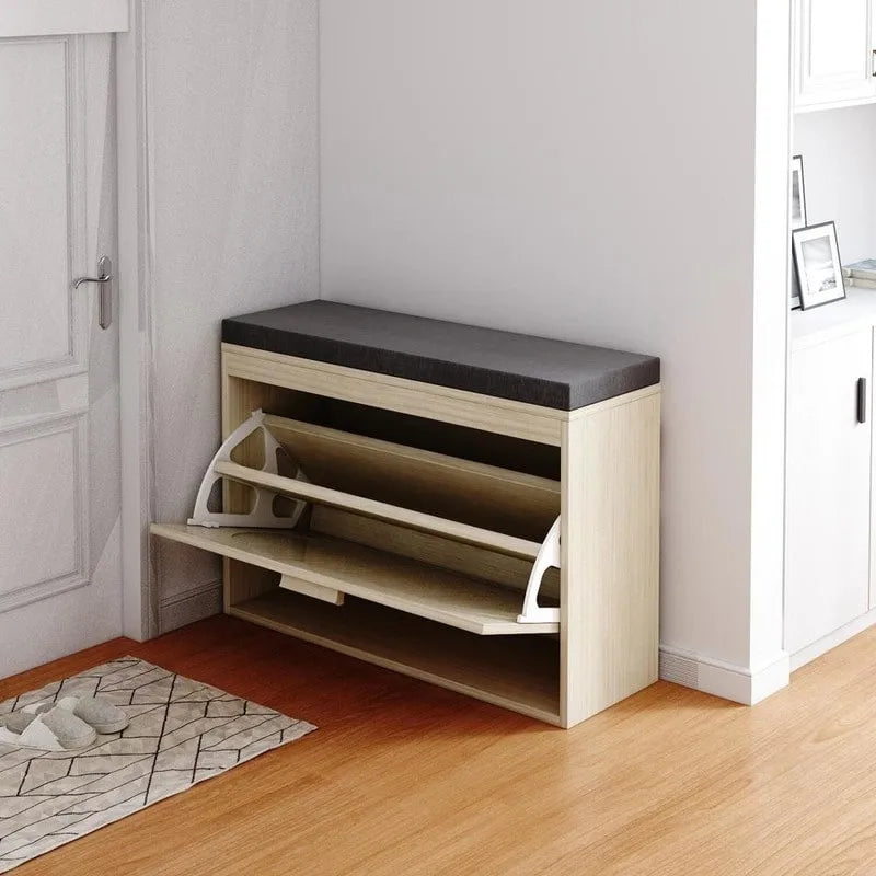 Rattan Shoe Rack Hallway Shoes Srorage Bench with Flip-Drawer and Seat Cushion