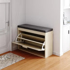 Rattan Shoe Rack Hallway Shoes Srorage Bench with Flip-Drawer and Seat Cushion
