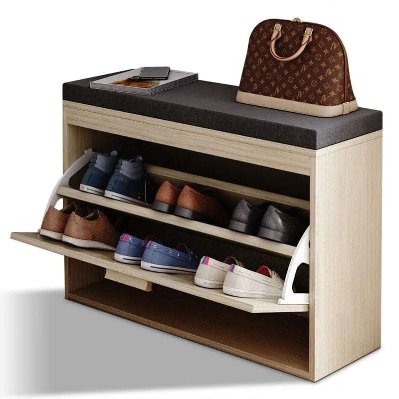 Rattan Shoe Rack Hallway Shoes Srorage Bench with Flip-Drawer and Seat Cushion