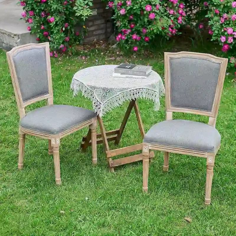 Set of 2 French Side Chairs with Carved Wood Legs & Linen Upholstery