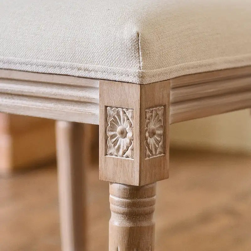 Set of 2 French Side Chairs with Carved Wood Legs & Linen Upholstery