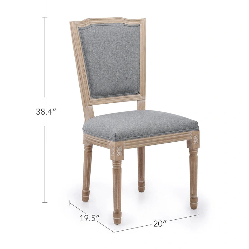 Set of 2 French Side Chairs with Carved Wood Legs & Linen Upholstery