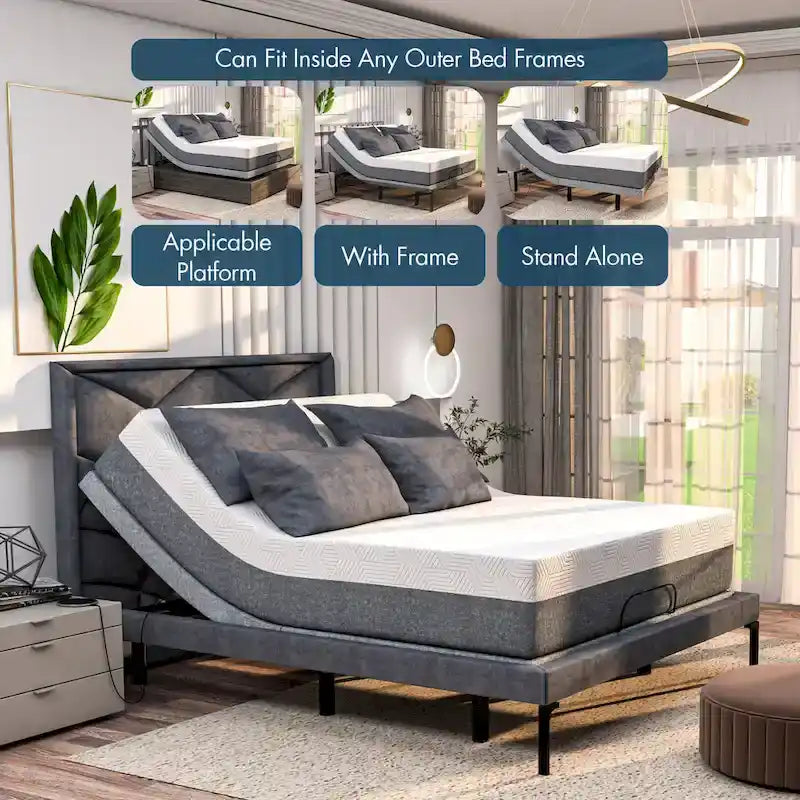 Renanim Adjustable Bed with 14 Mattress, Anti-Snore Preset, Dual Massage, USB Ports, App Control, Remote, Underbed Light