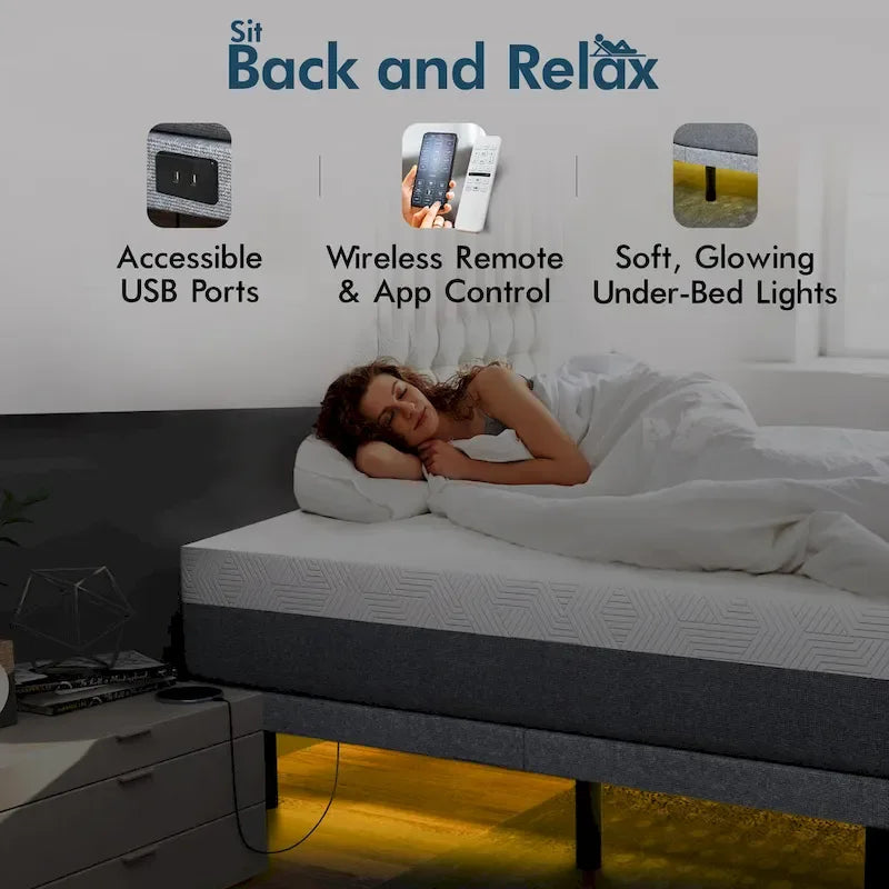 Renanim Adjustable Bed with 14 Mattress, Anti-Snore Preset, Dual Massage, USB Ports, App Control, Remote, Underbed Light