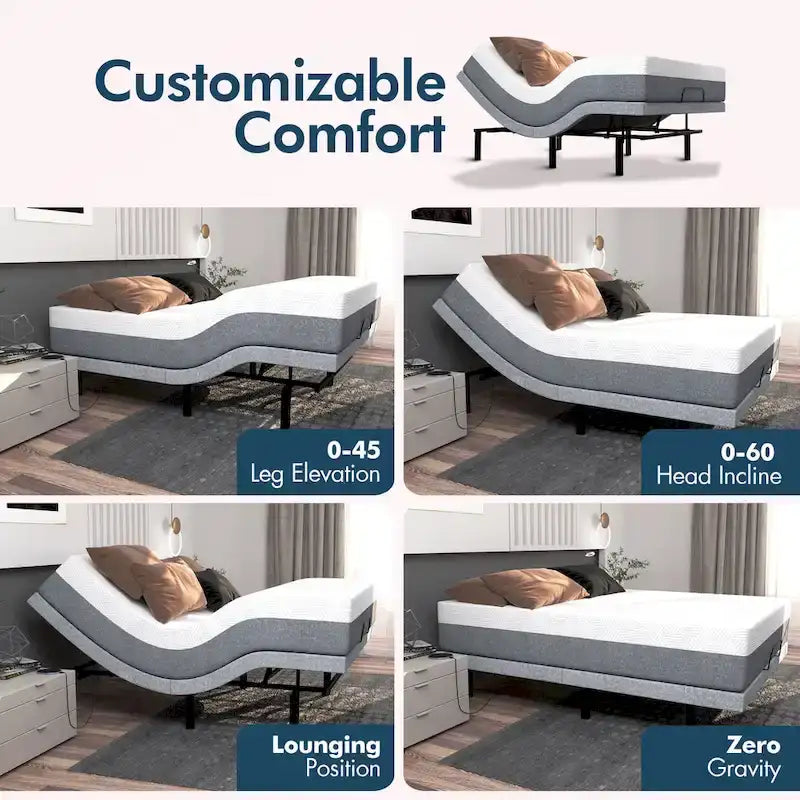 Renanim Adjustable Bed with 14 Mattress, Anti-Snore Preset, Dual Massage, USB Ports, App Control, Remote, Underbed Light