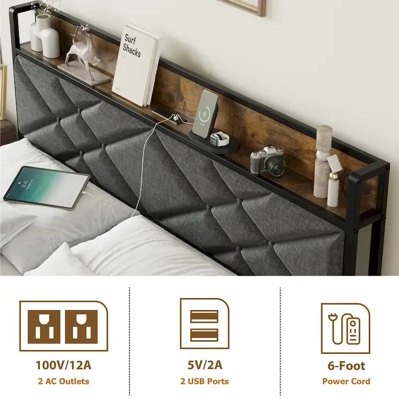 Upholstered Metal Platform Bed with Charging Station and Storage Shelf