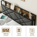 Upholstered Metal Platform Bed with Charging Station and Storage Shelf
