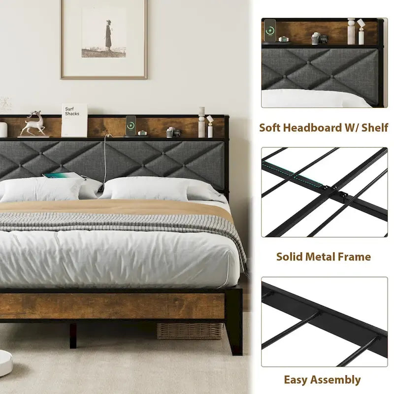 Upholstered Metal Platform Bed with Charging Station and Storage Shelf