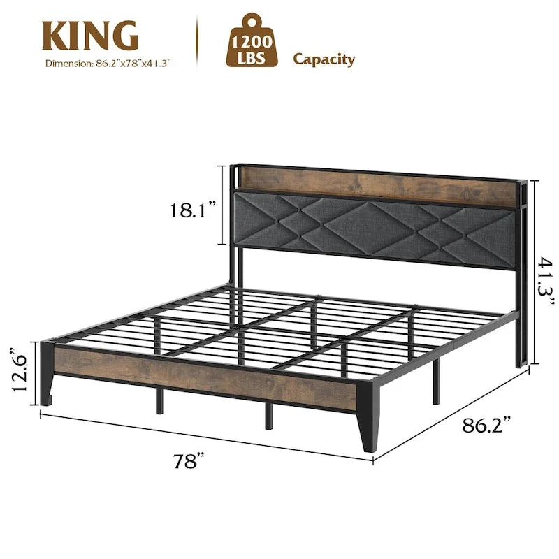 Upholstered Metal Platform Bed with Charging Station and Storage Shelf